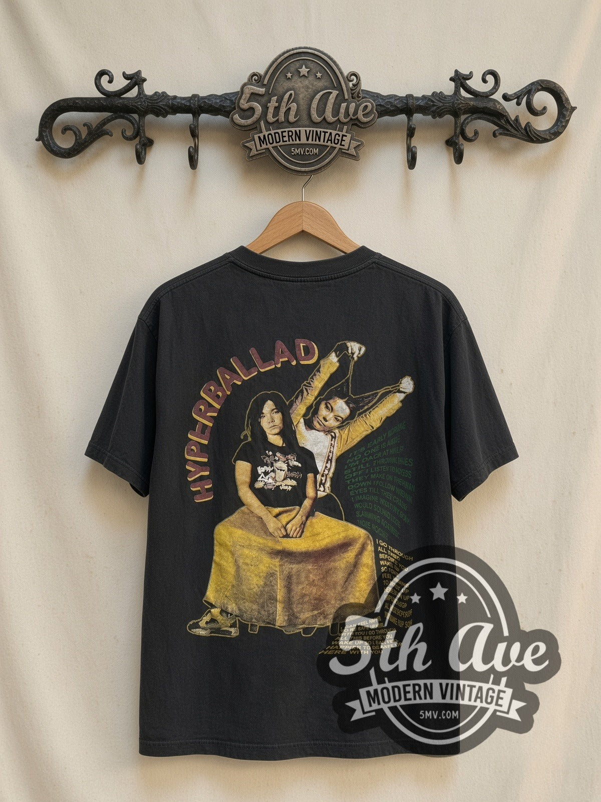 Björk Post / Hyperballad vintage band t-shirt, back view on a display rack