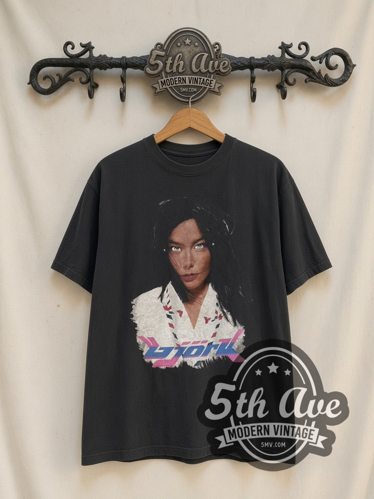 Björk Post / Hyperballad vintage band t-shirt, front view on a display rack