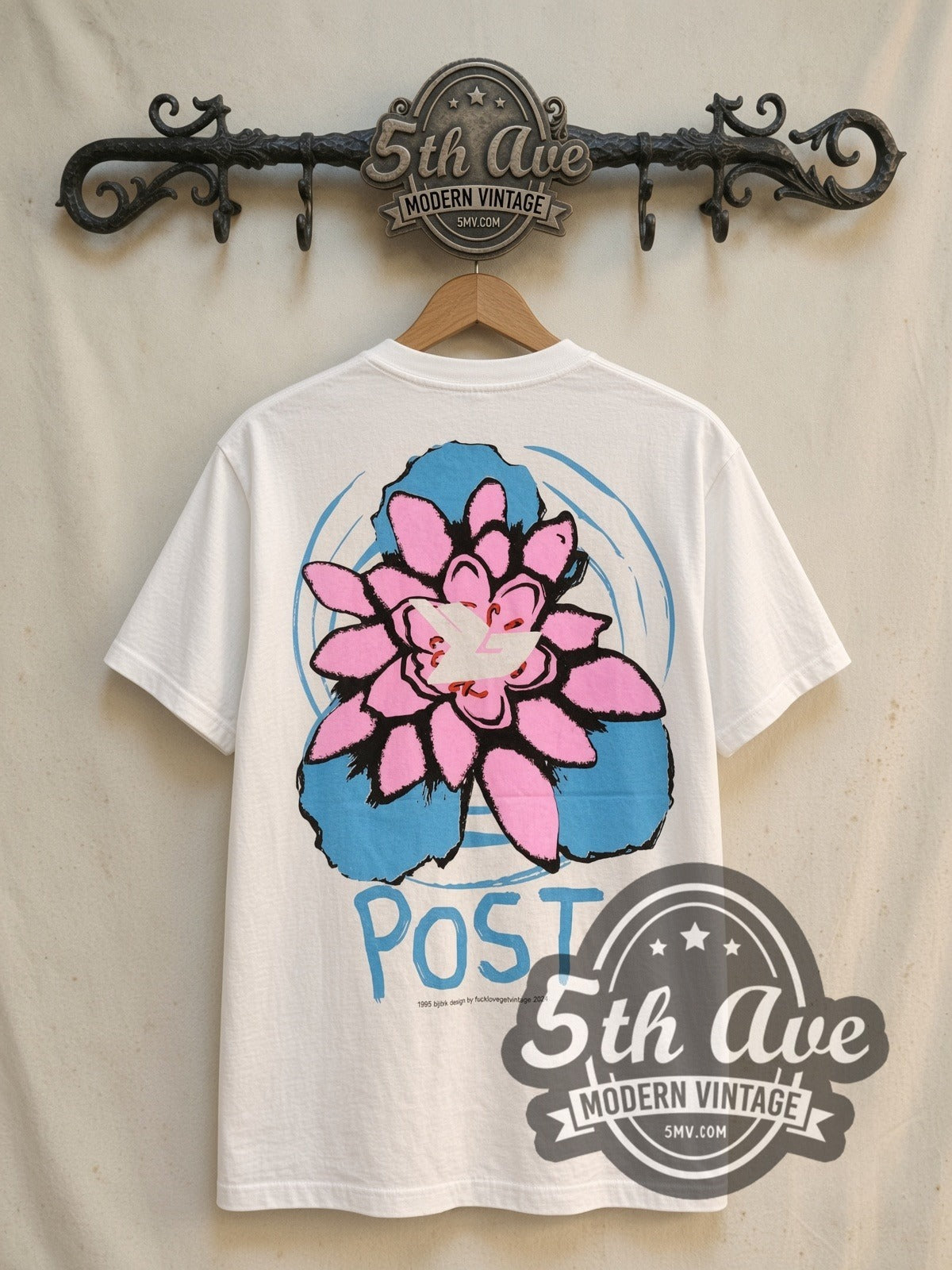 Björk POST Warhol Grid vintage band t-shirt, back view on a display rack