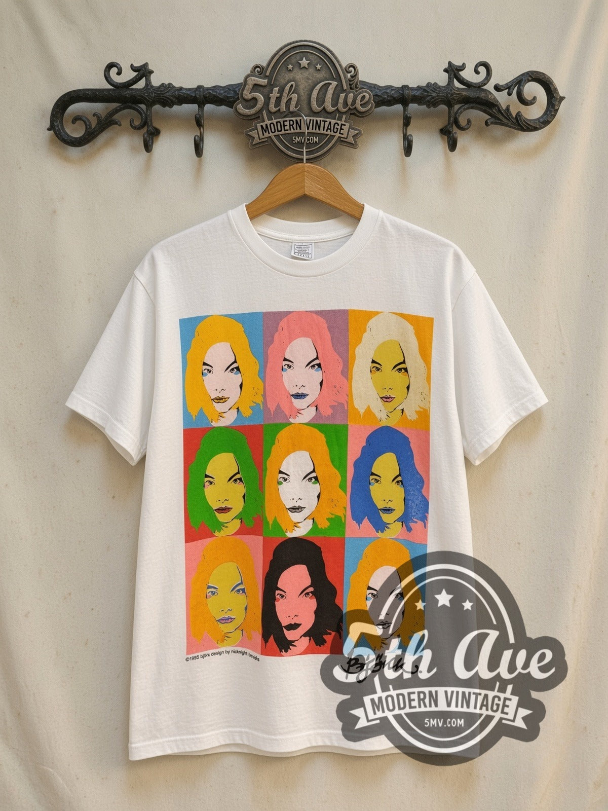Björk POST Warhol Grid vintage band t-shirt, front view on a display rack