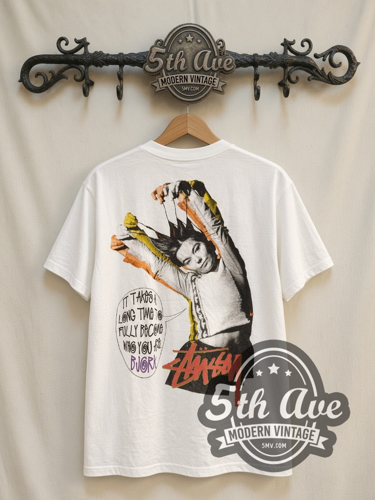 Björk × Stüssy It's Oh So Quiet vintage band t-shirt, back view on a display rack