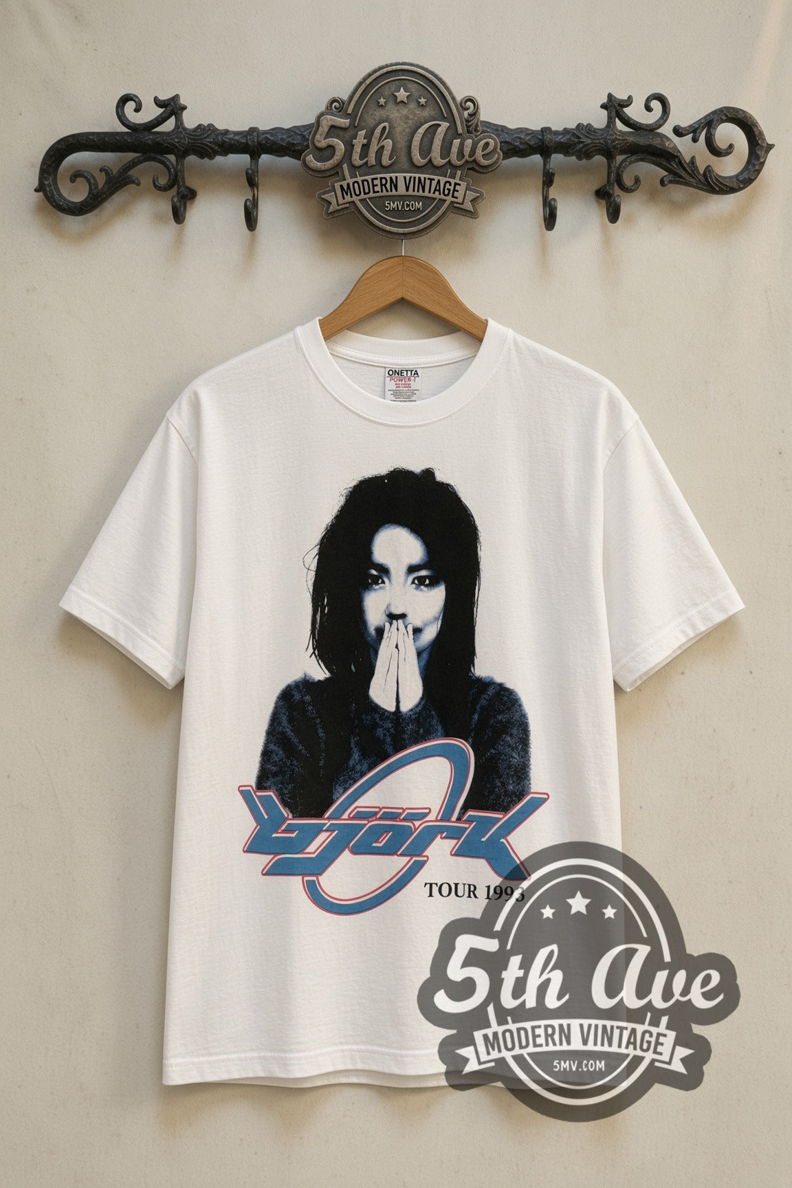 Björk Tour 1993 hands over mouth photo tee front on the 5MV rack