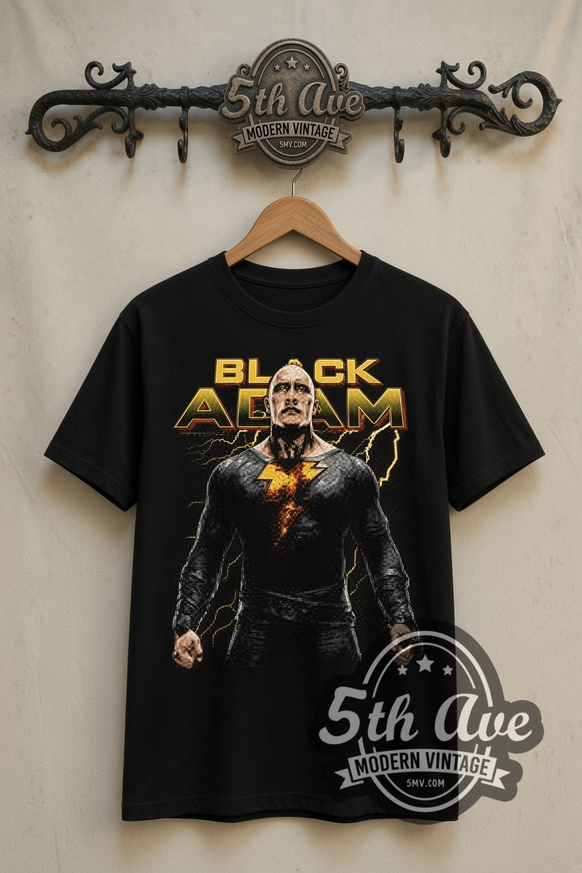 Black Adam double stitched black tee front on dark iron 5th Ave rack
