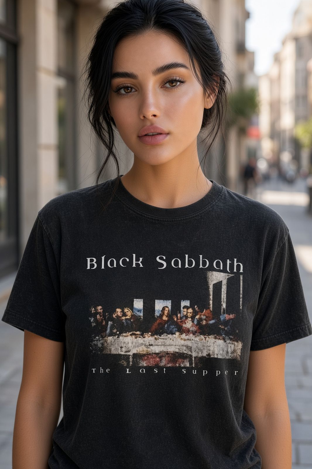 Model wearing Black Sabbath The Last Supper 1992 vintage band t-shirt