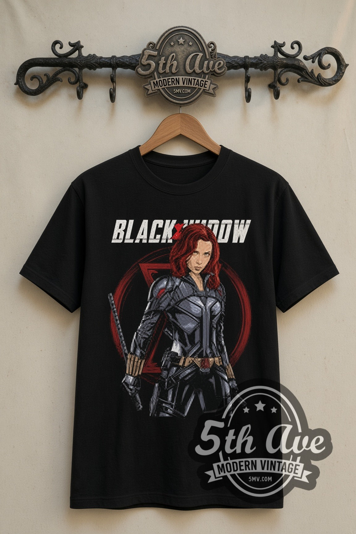 Black Widow Natasha Romanoff double stitched black tee front on dark iron 5th Ave rack