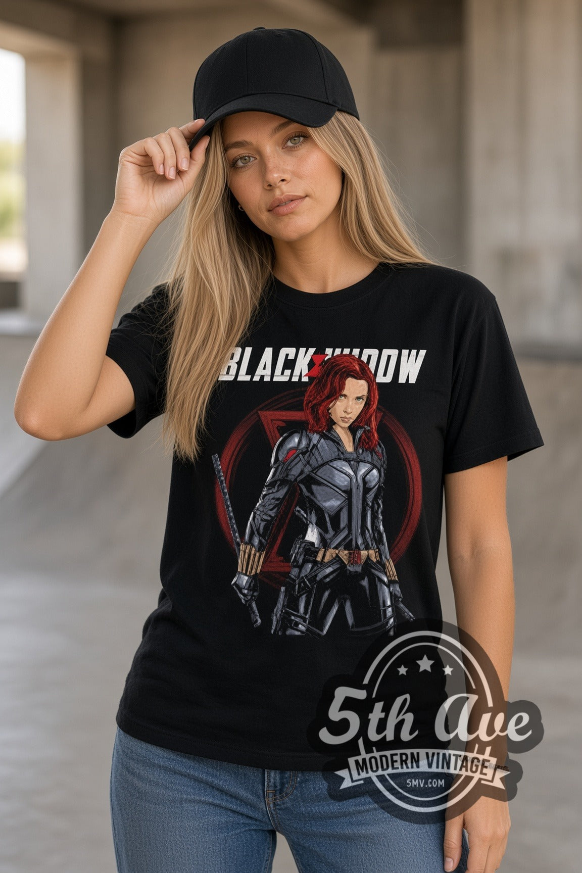 Woman wearing Black Widow Natasha Romanoff double stitched black graphic tee