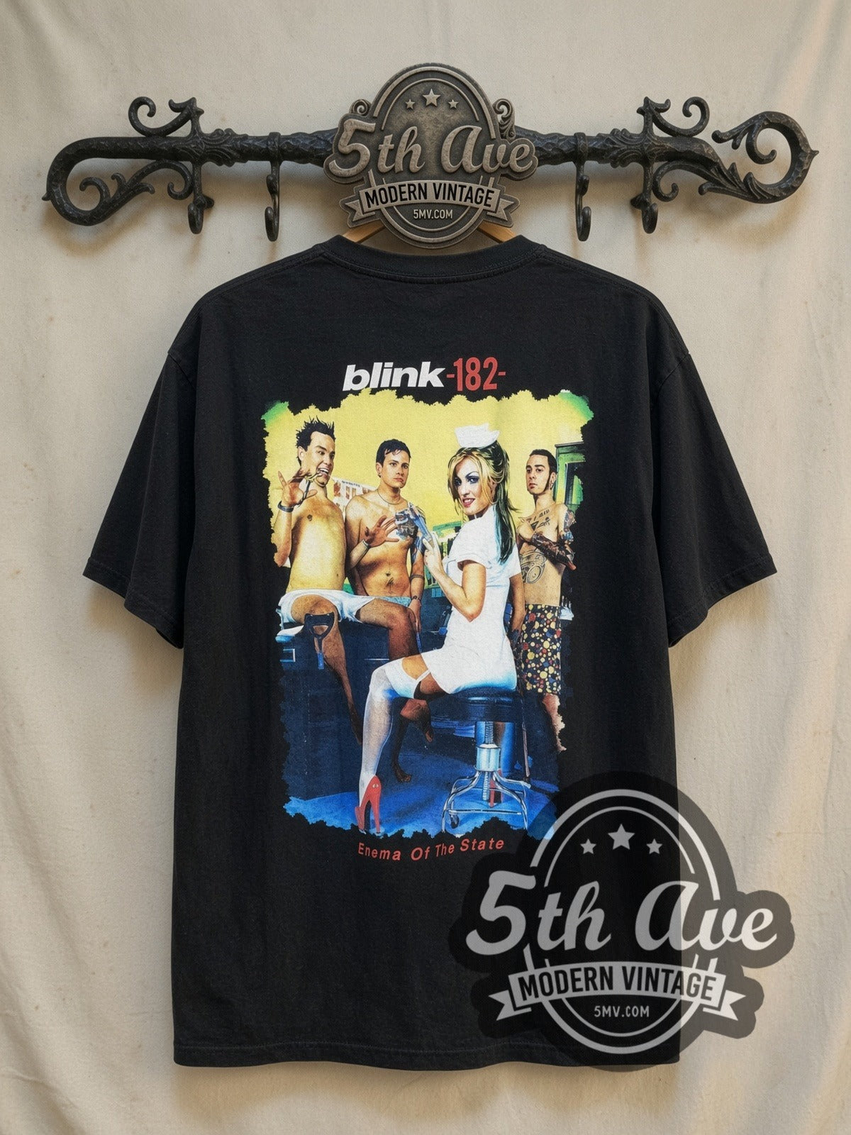 Blink-182 Enema of the State vintage band t-shirt, back view on a display rack