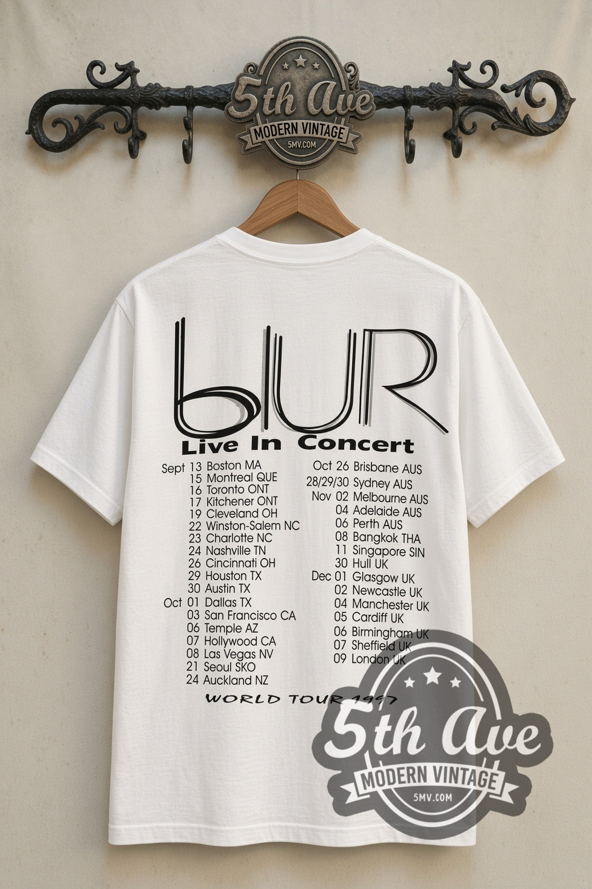 Back print of Blur Live in Concert World Tour 1997 vintage band tee on 5th Ave rack