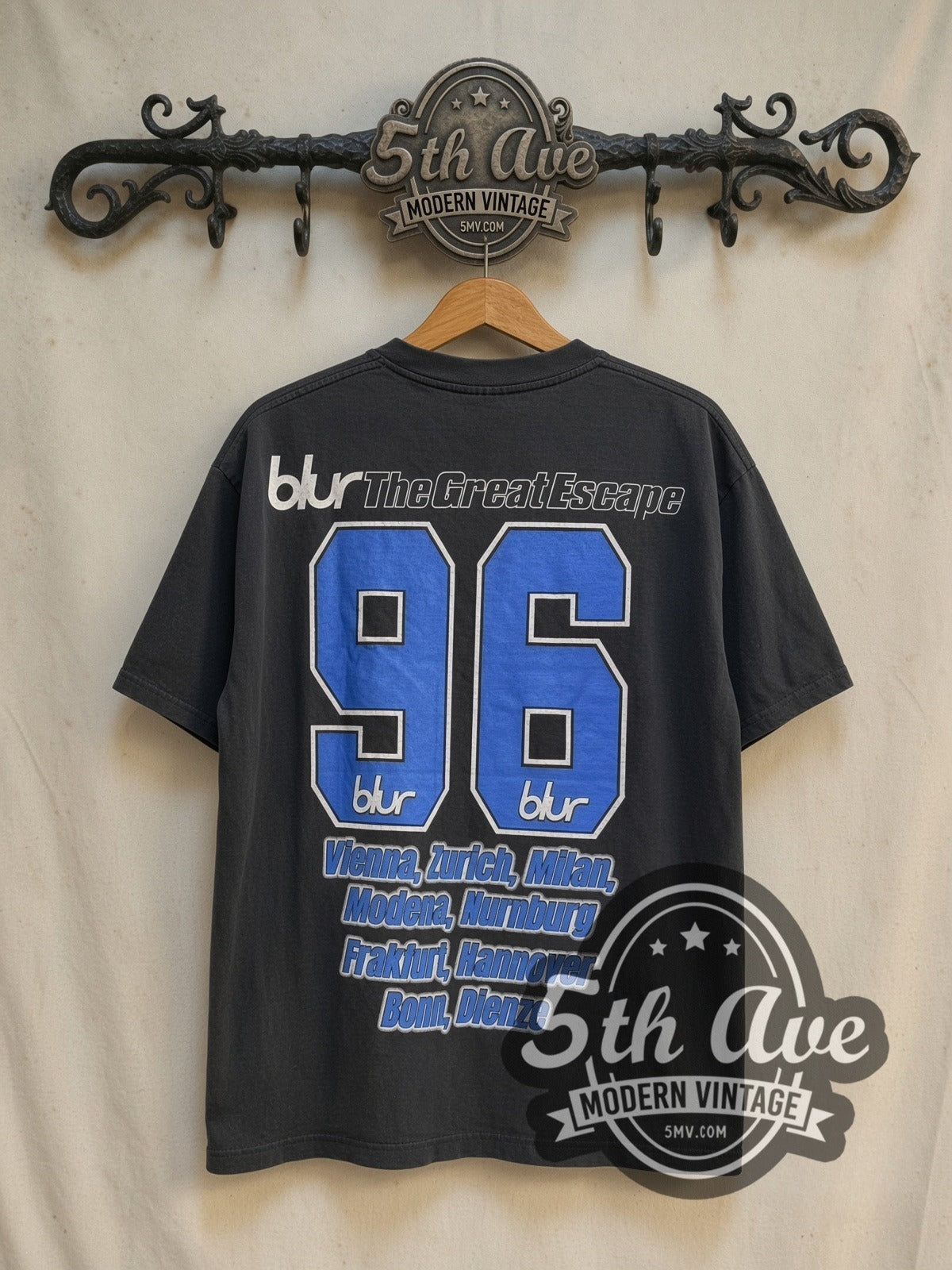 Blur The Great Escape 96 Tour vintage band t-shirt, back view on a display rack