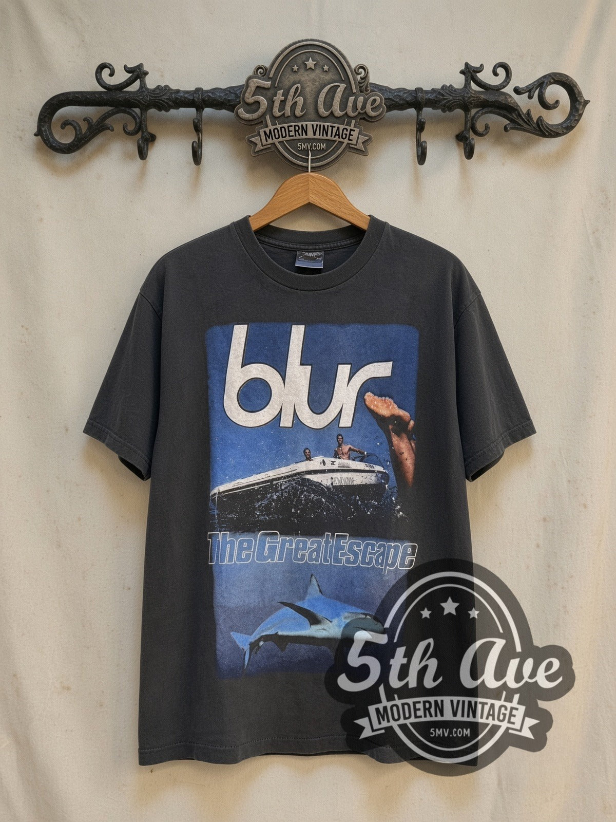Blur The Great Escape 96 Tour vintage band t-shirt, front view on a display rack