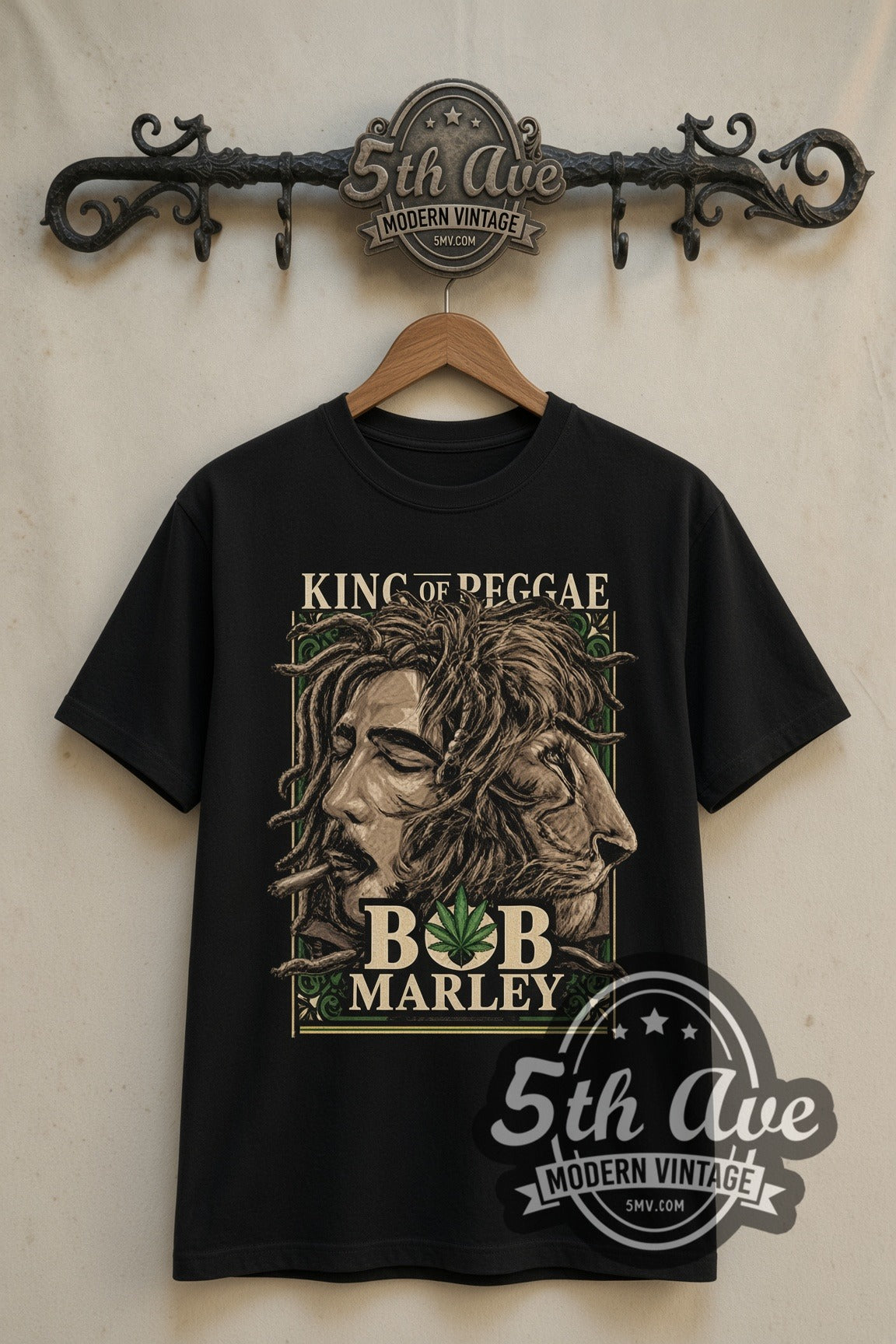 Bob Marley King of Reggae lion double stitched black tee front on dark iron 5th Ave rack