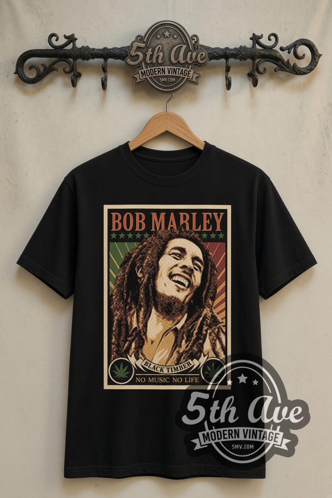 Bob Marley No Music No Life Portrait double stitched black tee front on dark iron 5th Ave rack