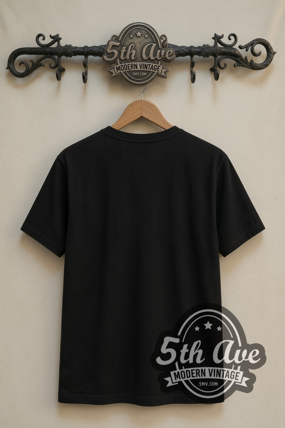 Plain black back of Bob Marley No Music No Life Portrait double stitched tee on rack