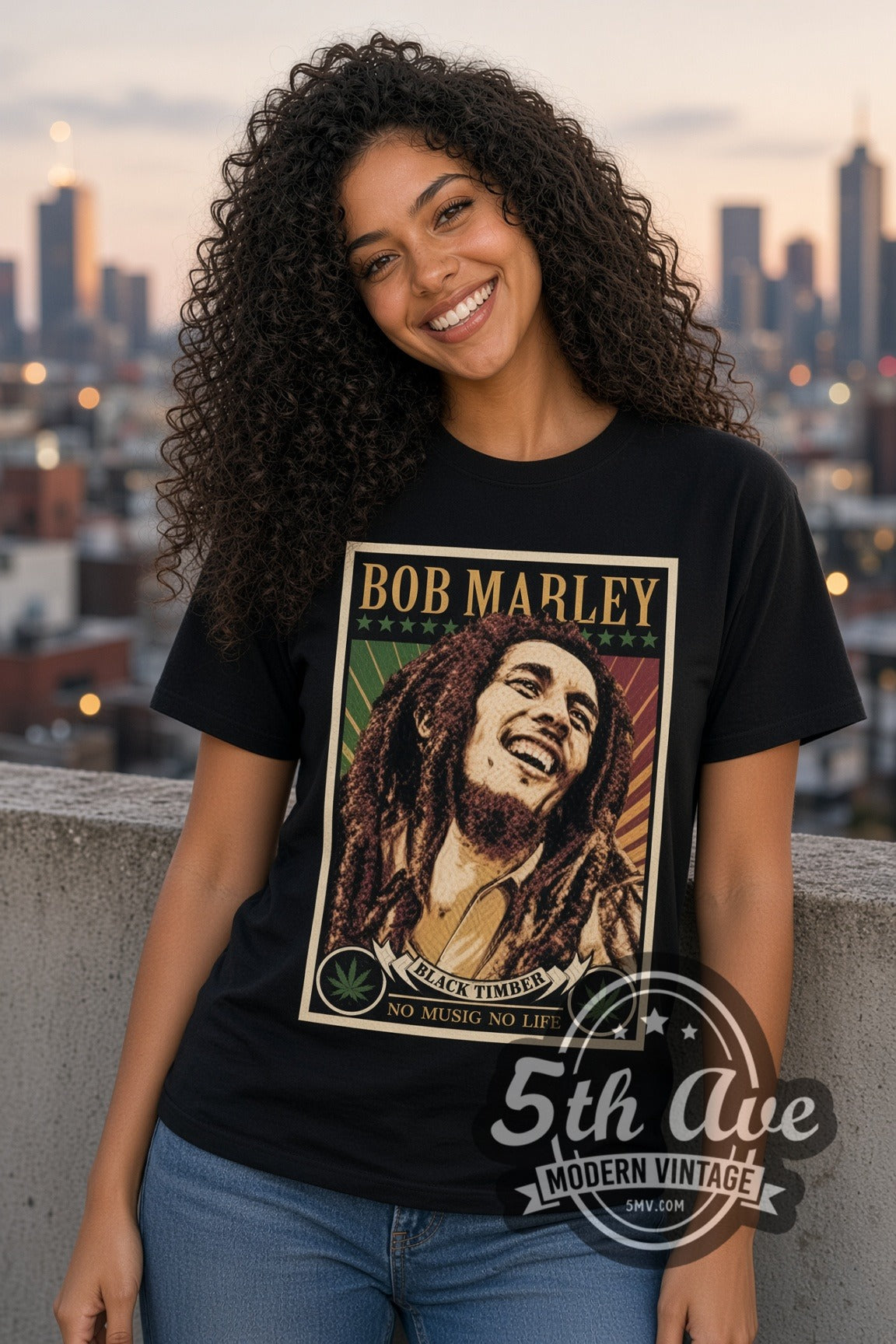 Woman wearing Bob Marley No Music No Life Portrait double stitched black graphic tee