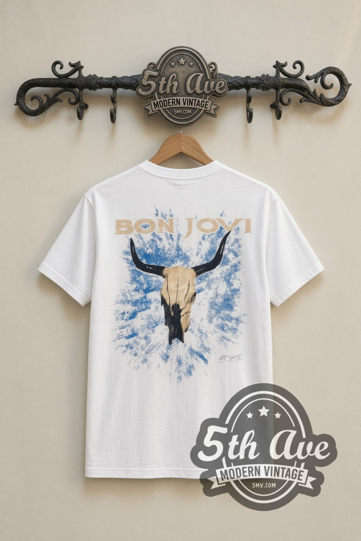 Bon Jovi Jon & Richie Steer Skull band t-shirt in white, back view on a display rack