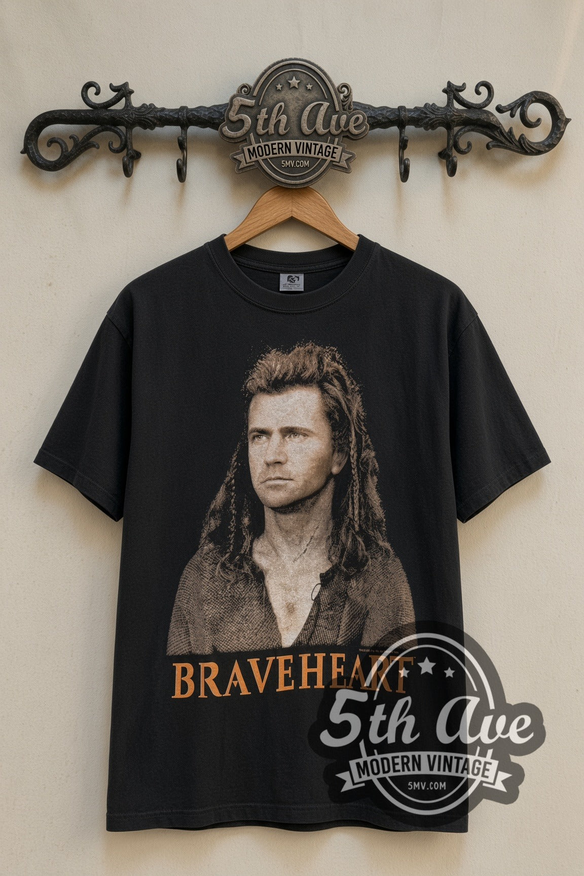 Braveheart Mel Gibson Portrait & Battle Scene movie tee front on 5th Ave iron rack