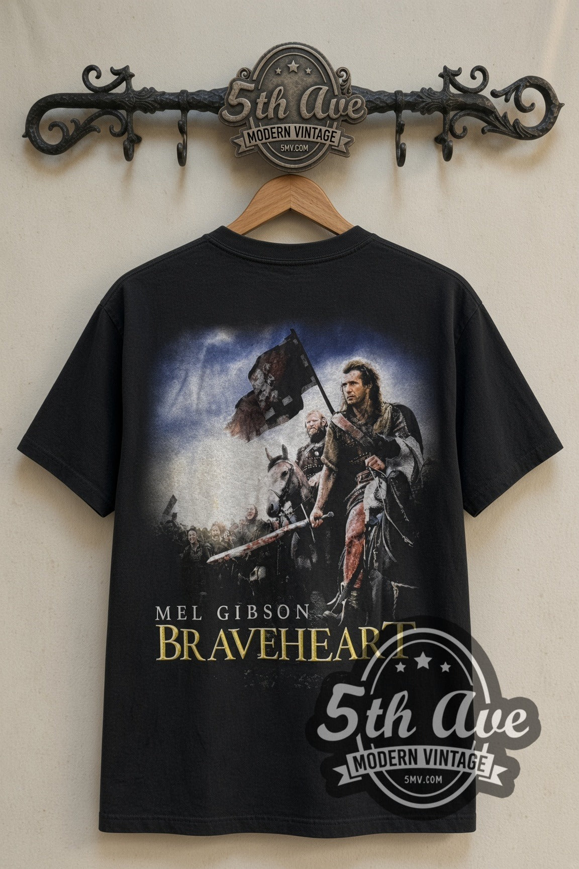 Back print of Braveheart Mel Gibson Portrait & Battle Scene tee on 5th Ave rack