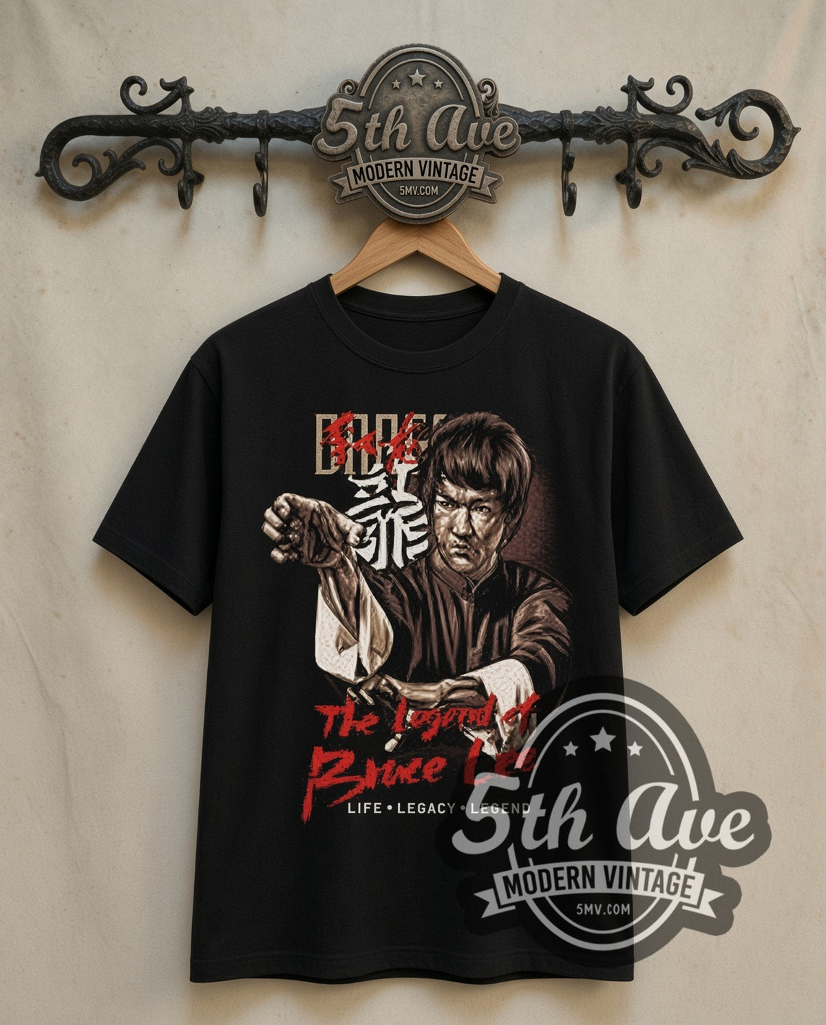 Bruce Lee Life Legacy Legend double stitched black tee front on dark iron 5th Ave rack