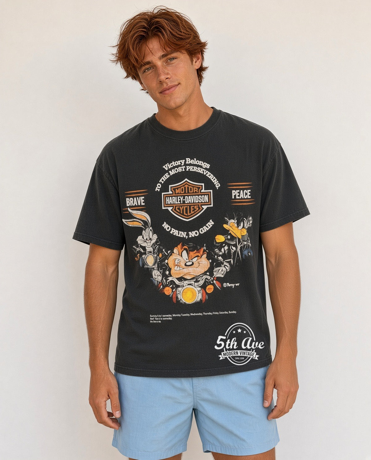 Model wearing Harley-Davidson Looney Tunes Victory Belongs To The Most Persevering vintage t-shirt