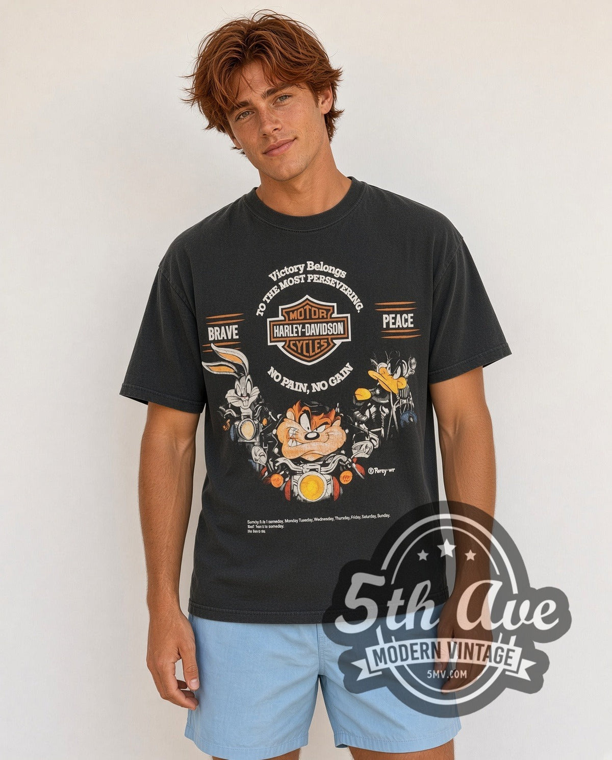 Model wearing the Harley-Davidson x Looney Tunes Victory Belongs To The Most Persevering vintage Harley t-shirt