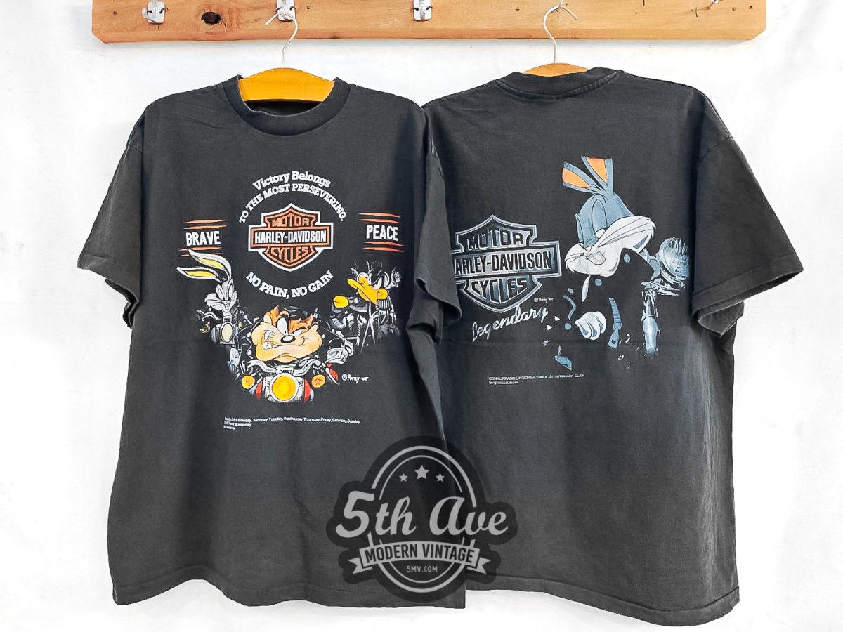 Bugs Bunny Taz - Mania x Harley Davidson Victory Belongs To The Most Persevering - Vintage Reprint T-Shirt - Vintage Band Shirts