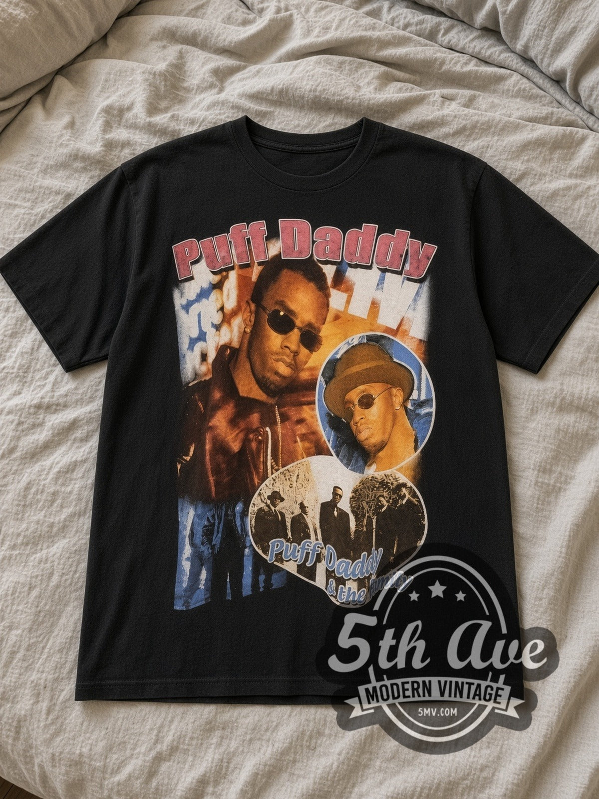 Black Puff Daddy Can't Nobody Hold Me Down Vintage Rap Tee laid flat on a linen bed