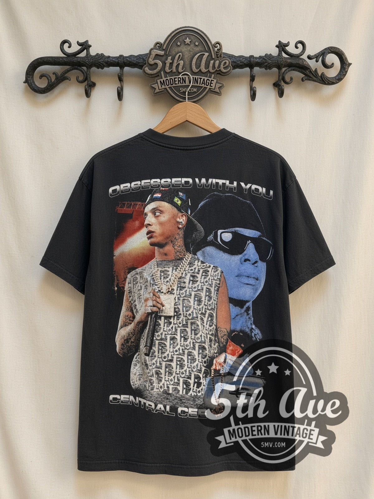 Central Cee Can't Rush Obsessed vintage rap tee, back view on a display rack