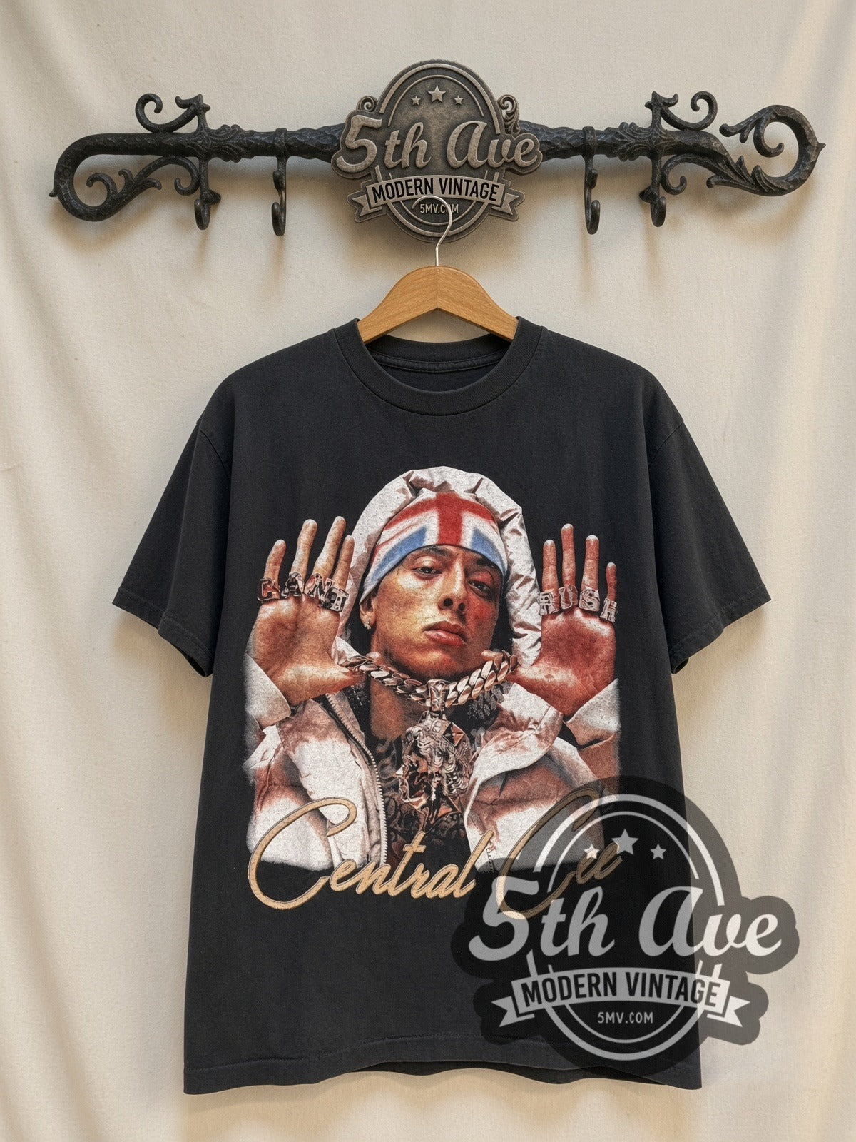 Central Cee Can't Rush Obsessed vintage rap tee, front view on a display rack