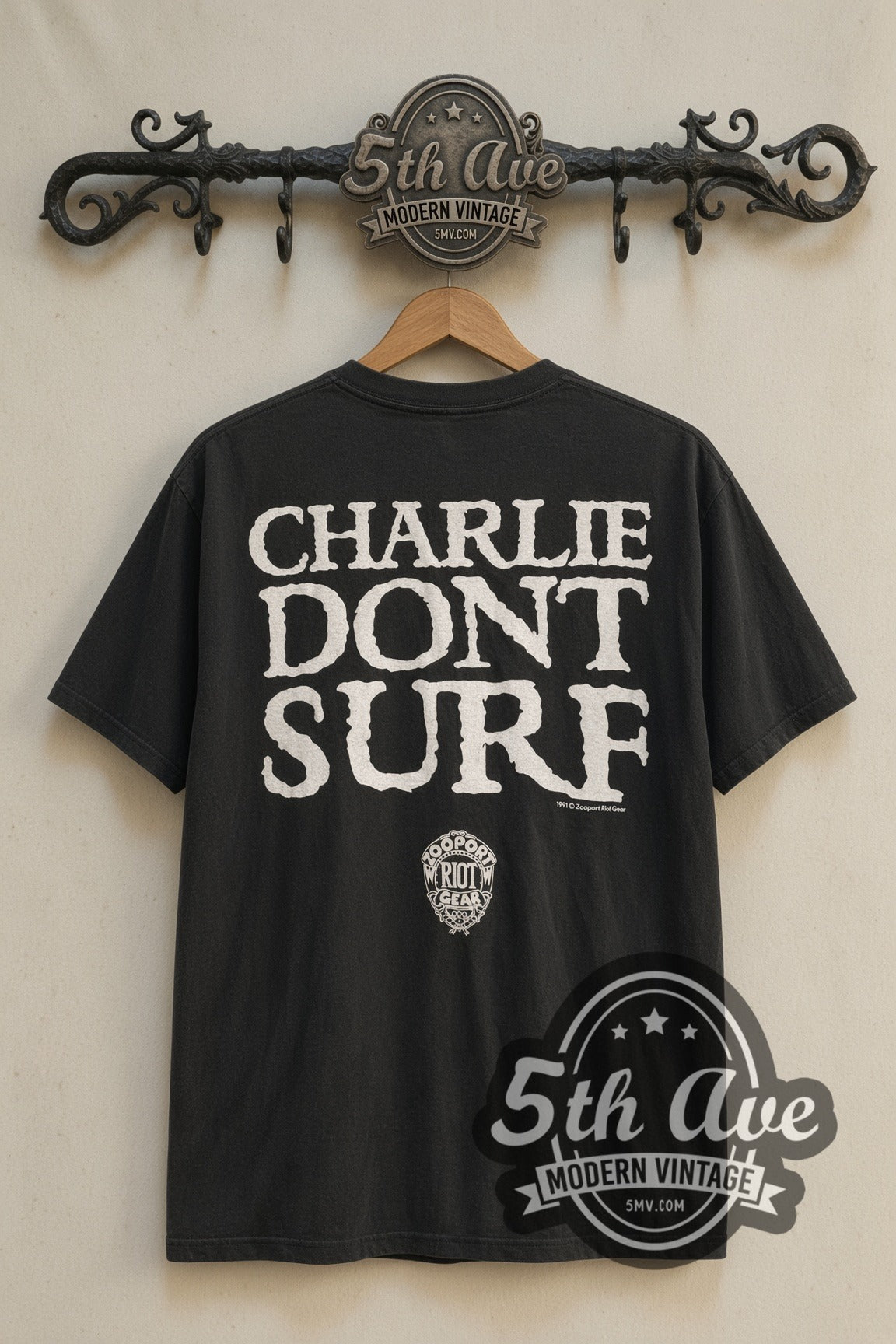 Back print of Charlie Dont Surf graphic tee on the 5MV rack