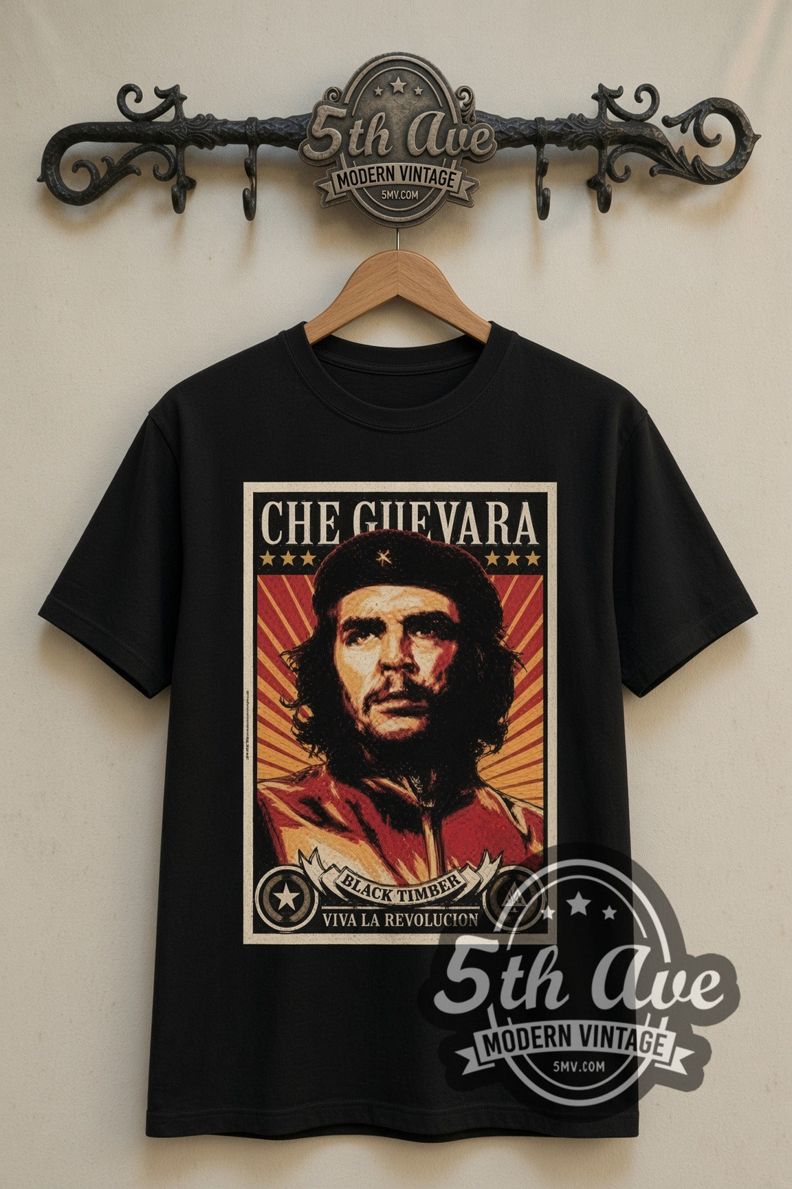 Che Guevara Viva la Revolucion double stitched black tee front on dark iron 5th Ave rack