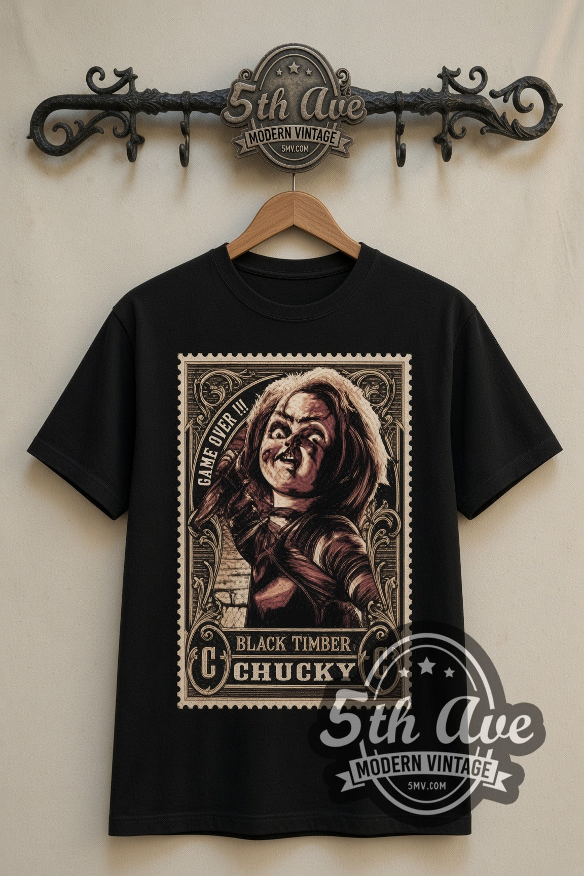Child's Play Chucky Black Timber Game Over double stitched black tee front on dark iron 5th Ave rack