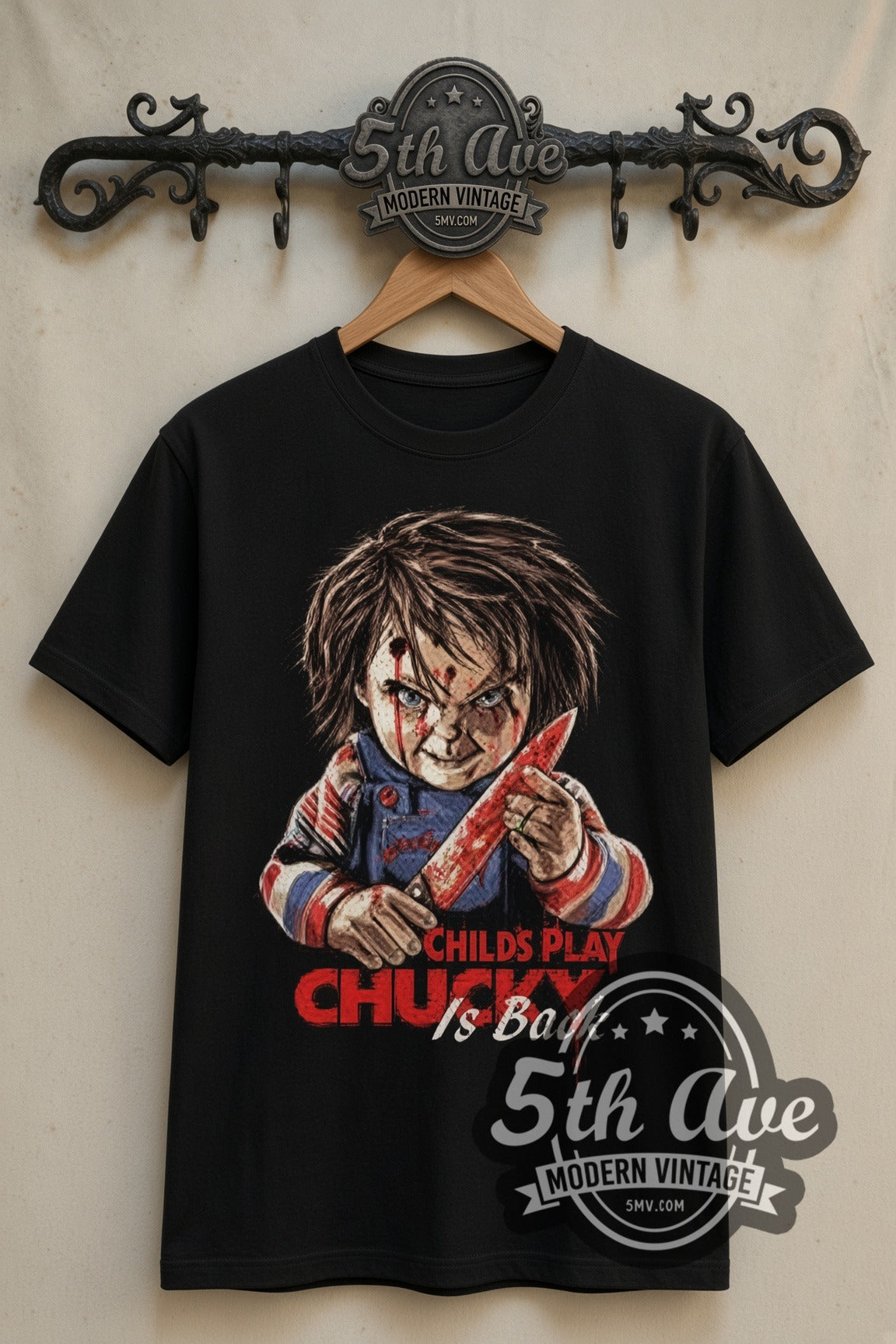 Child's Play Chucky Is Back double stitched black tee front on dark iron 5th Ave rack