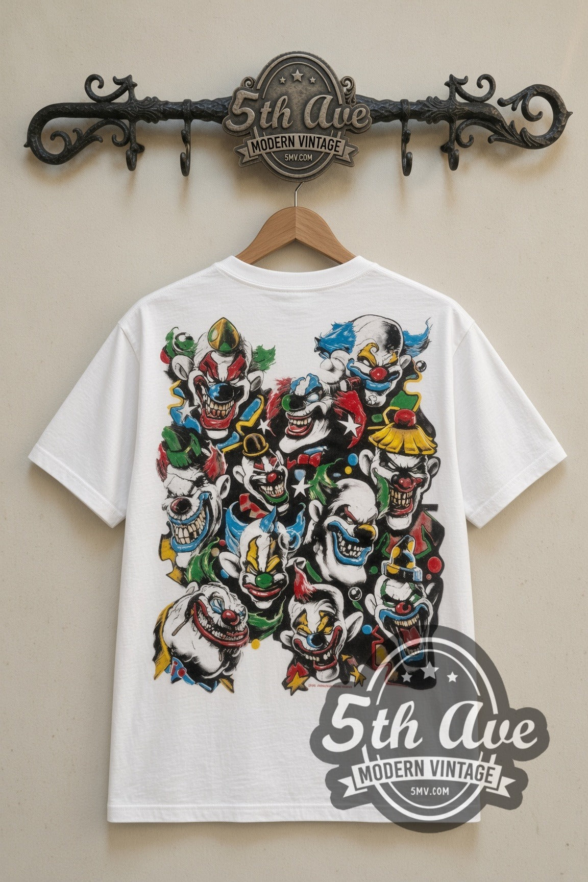 Clown Flash Many Faces cartoon tee in white, back view on a display rack
