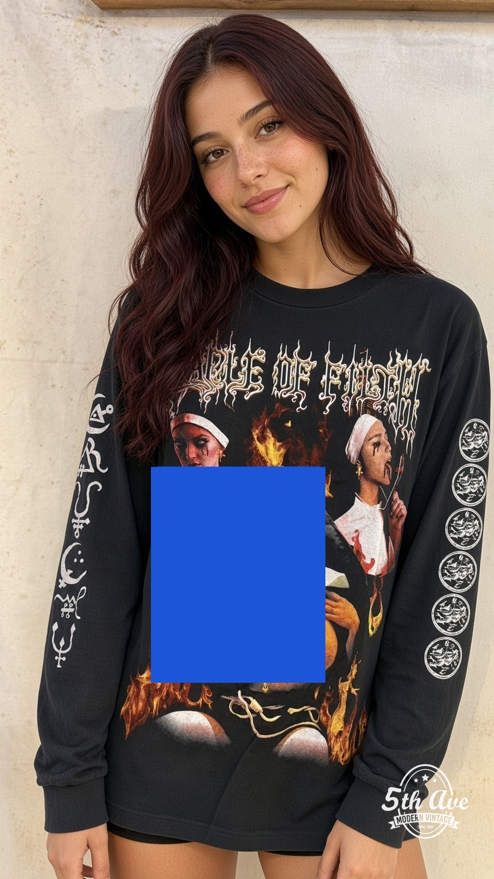 Model wearing Cradle of Filth Cult of Venus Aversa long sleeve vintage band tee