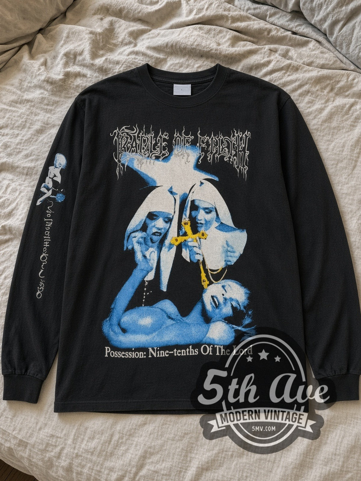Black Cradle of Filth Decadence Is a Virtue Vintage Band Long Sleeve T-Shirt laid flat on a linen bed