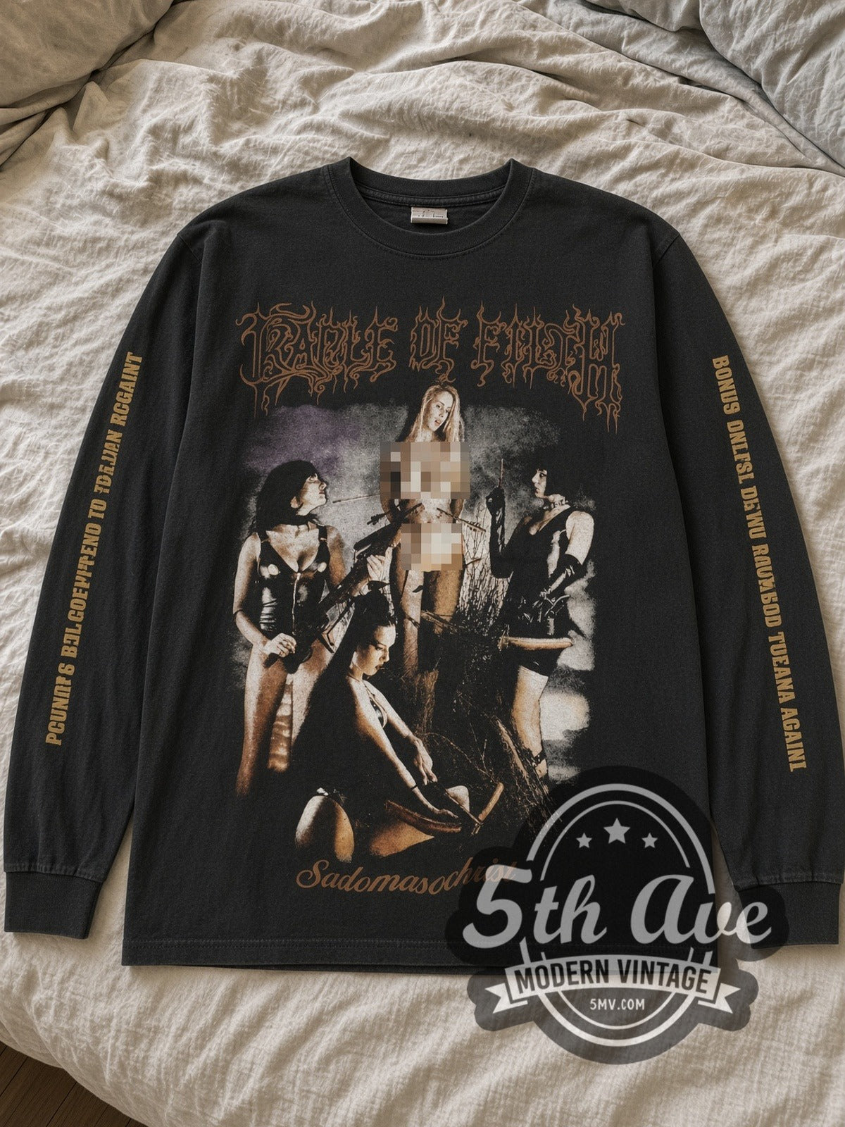 Black Cradle of Filth Sadomasochrist long sleeve laid flat on linen bed