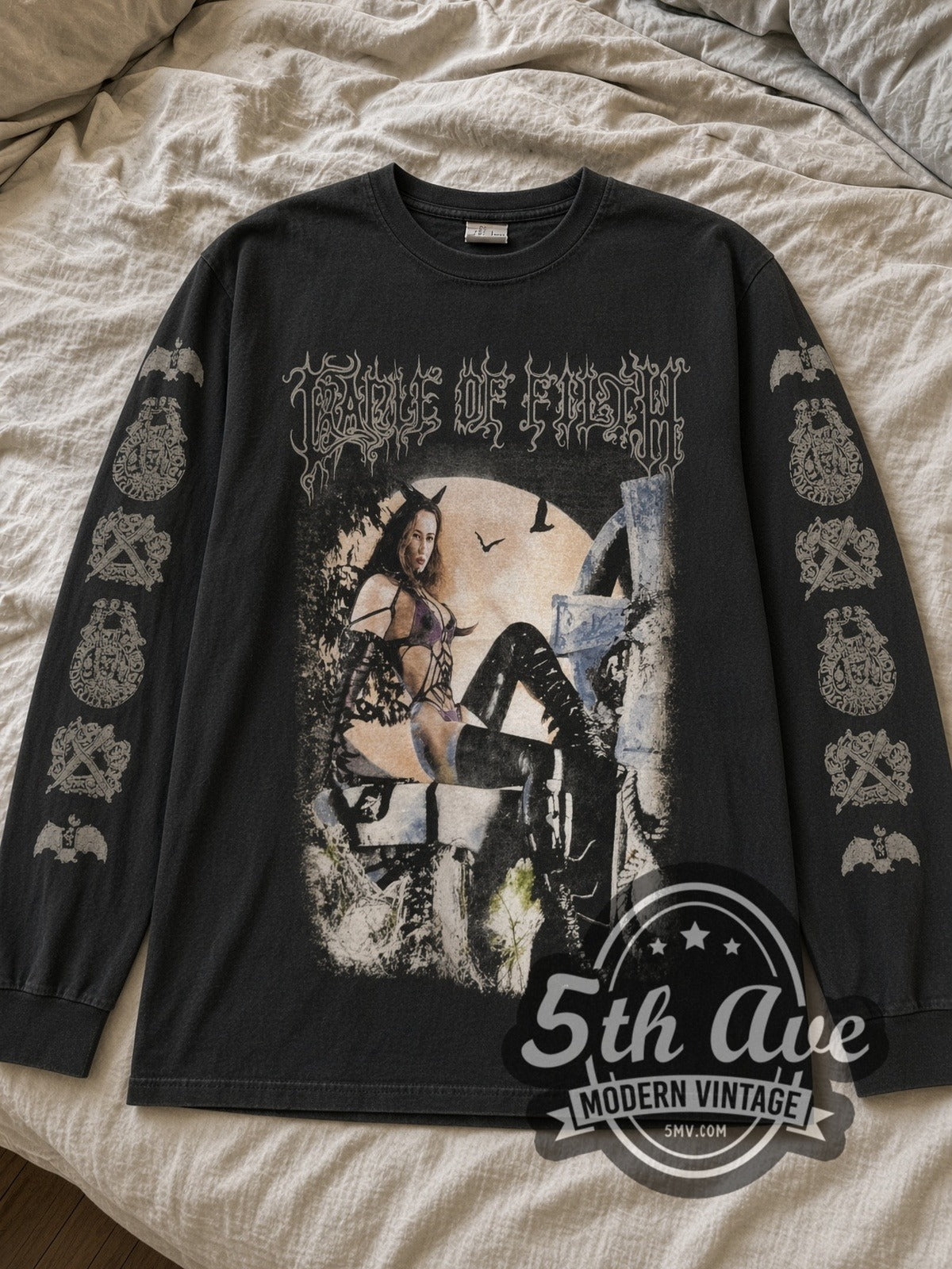 Black Cradle of Filth Vigor Mortis long sleeve laid flat on linen bed