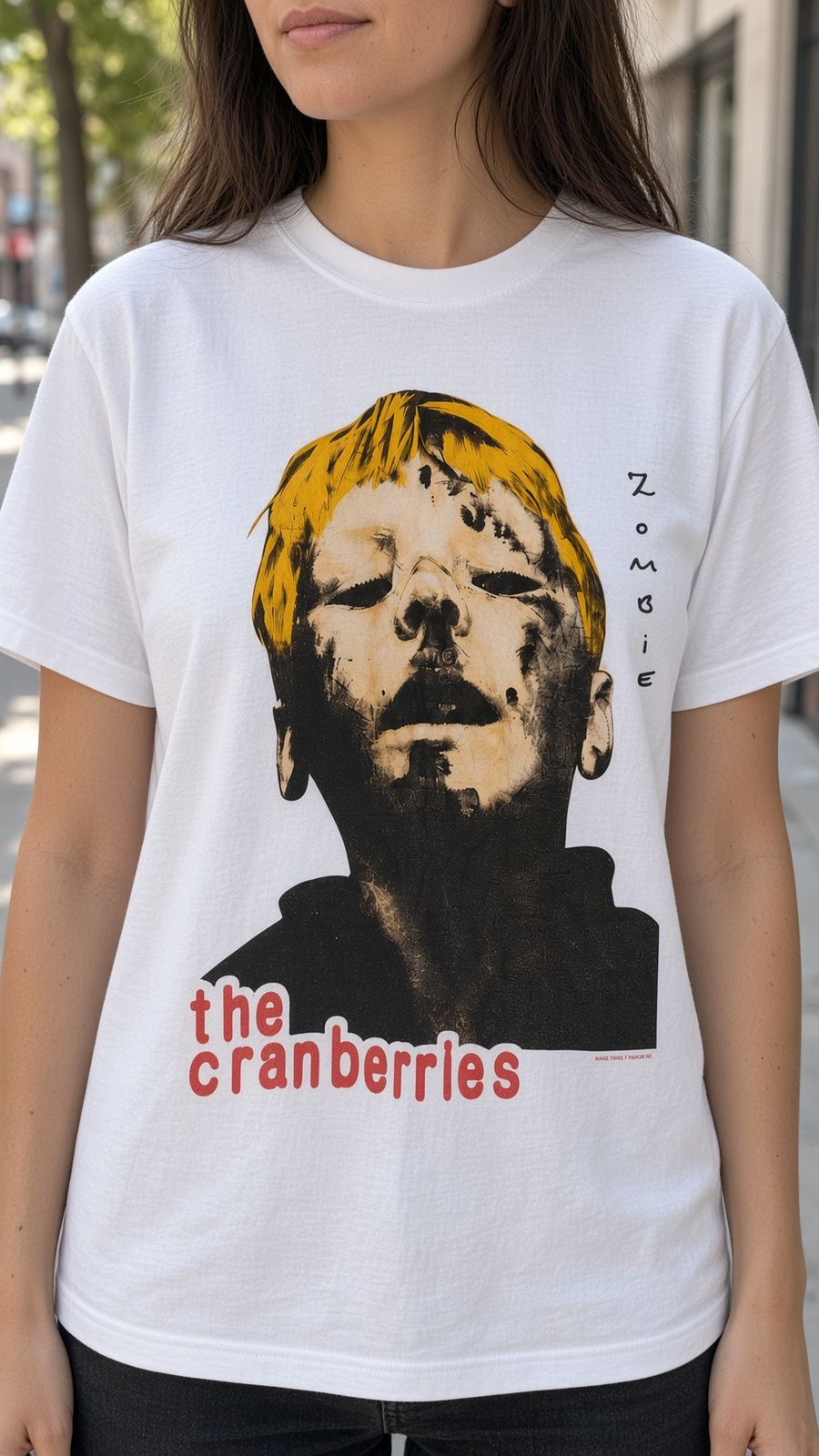 Model wearing The Cranberries Zombie vintage band t-shirt