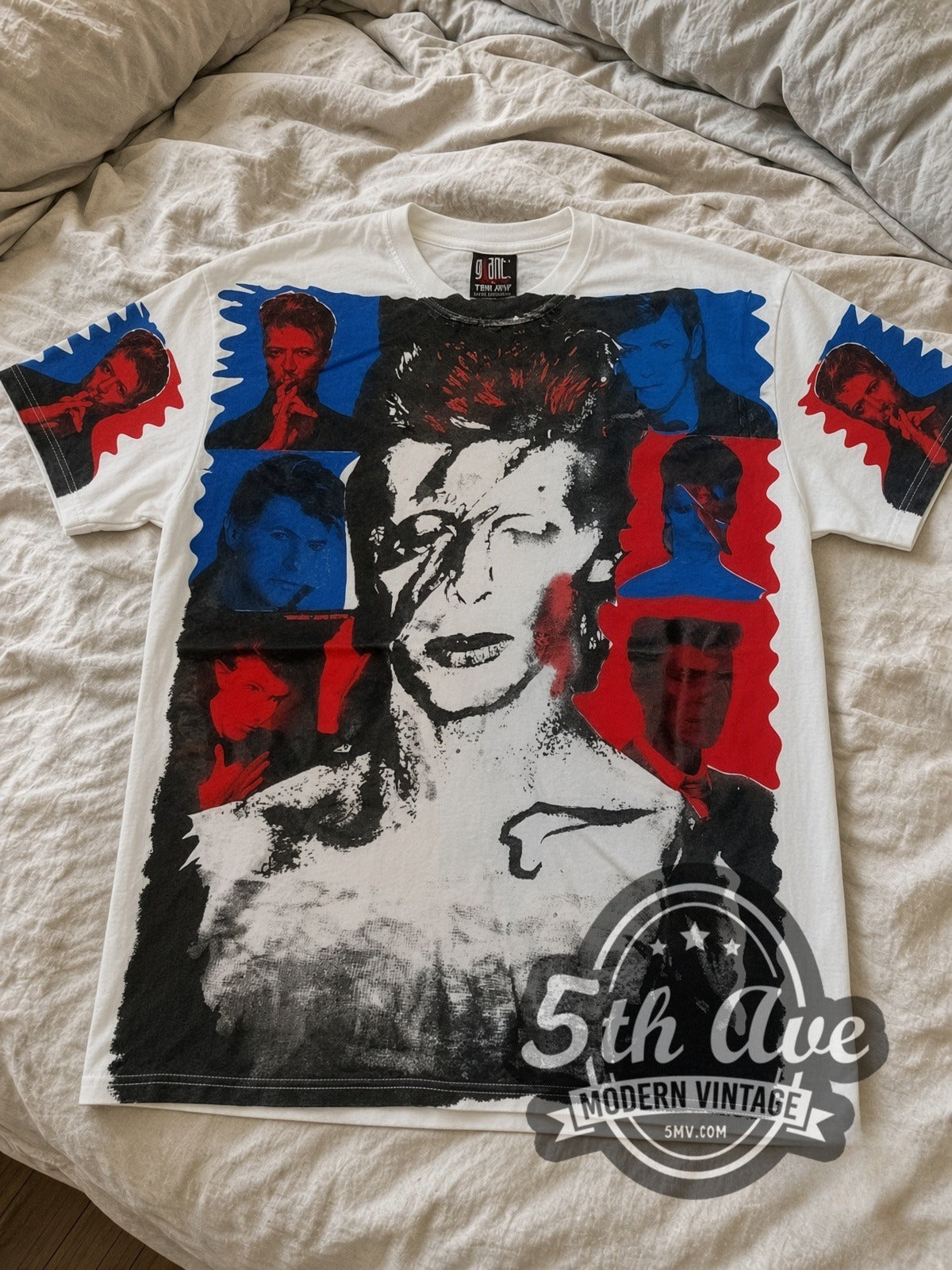 David Bowie Aladdin Sane all-over-print vintage band tee laid flat