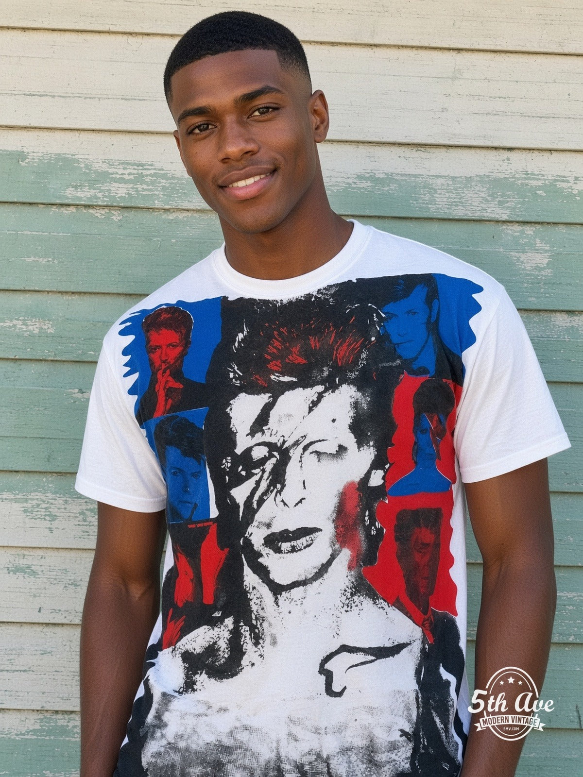 David Bowie Aladdin Sane all over print vintage tee model wearing