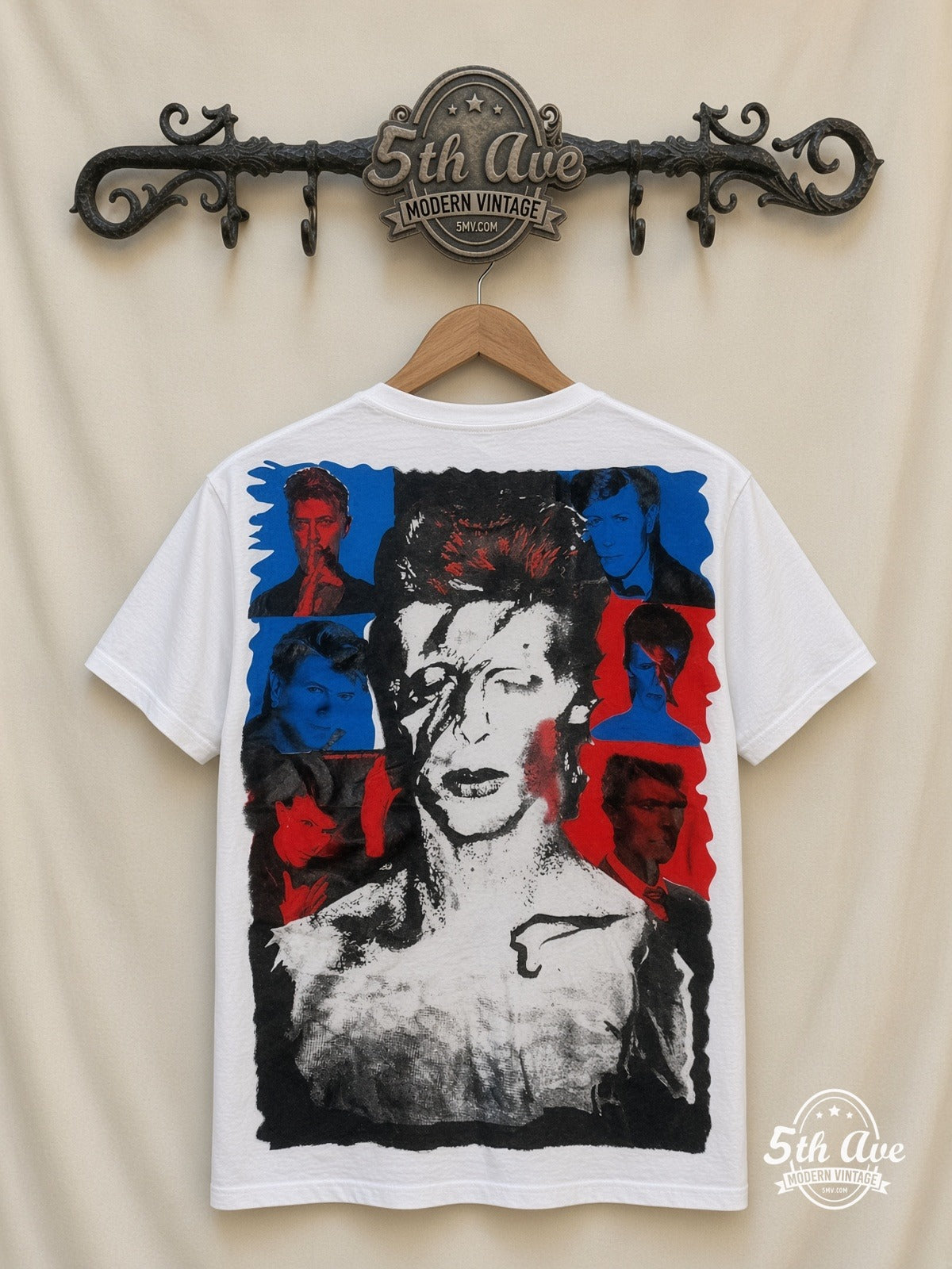 David Bowie Aladdin Sane all over print vintage tee back on cream 5th Ave rack