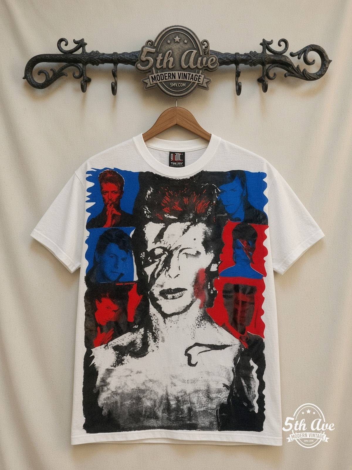 David Bowie Aladdin Sane all over print vintage band t-shirt front on cream 5th Ave rack