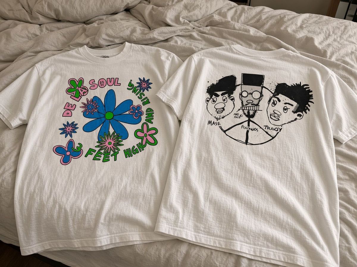 De La Soul 3 Feet High and Rising vintage band t-shirt on bed
