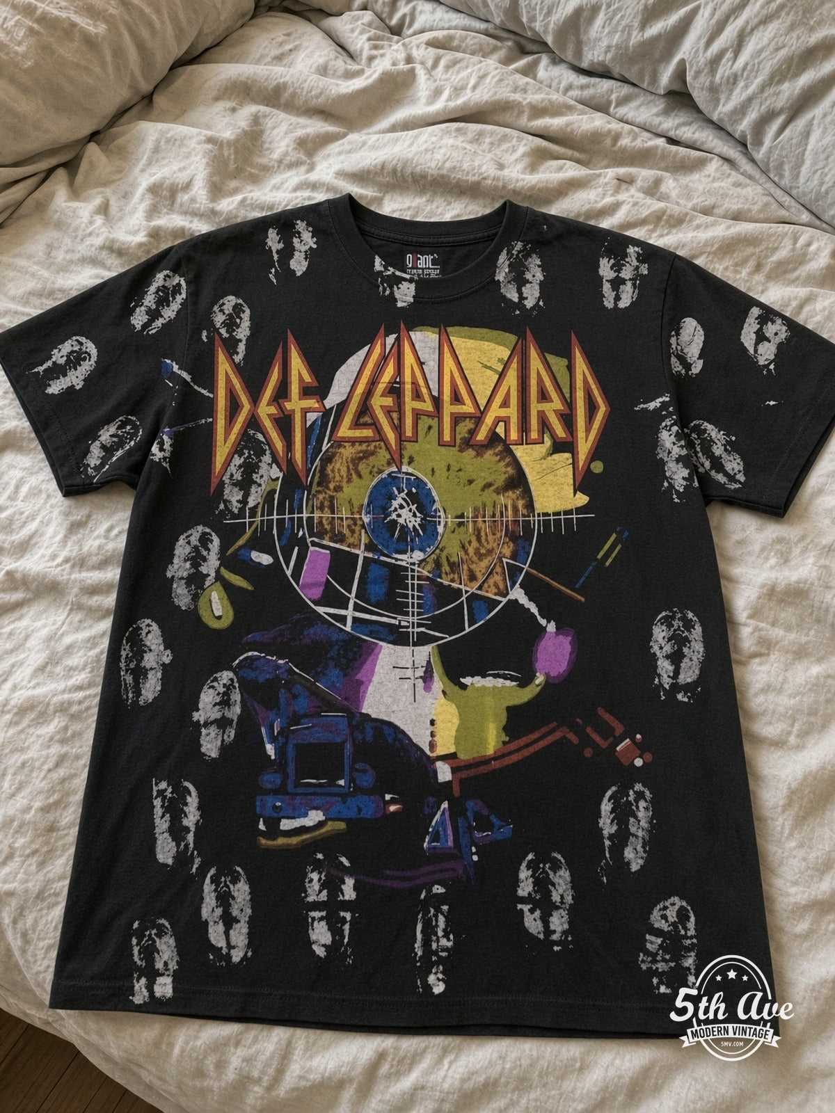 Def Leppard Hysteria Pyromania Mashup all over print vintage tee laid on bed