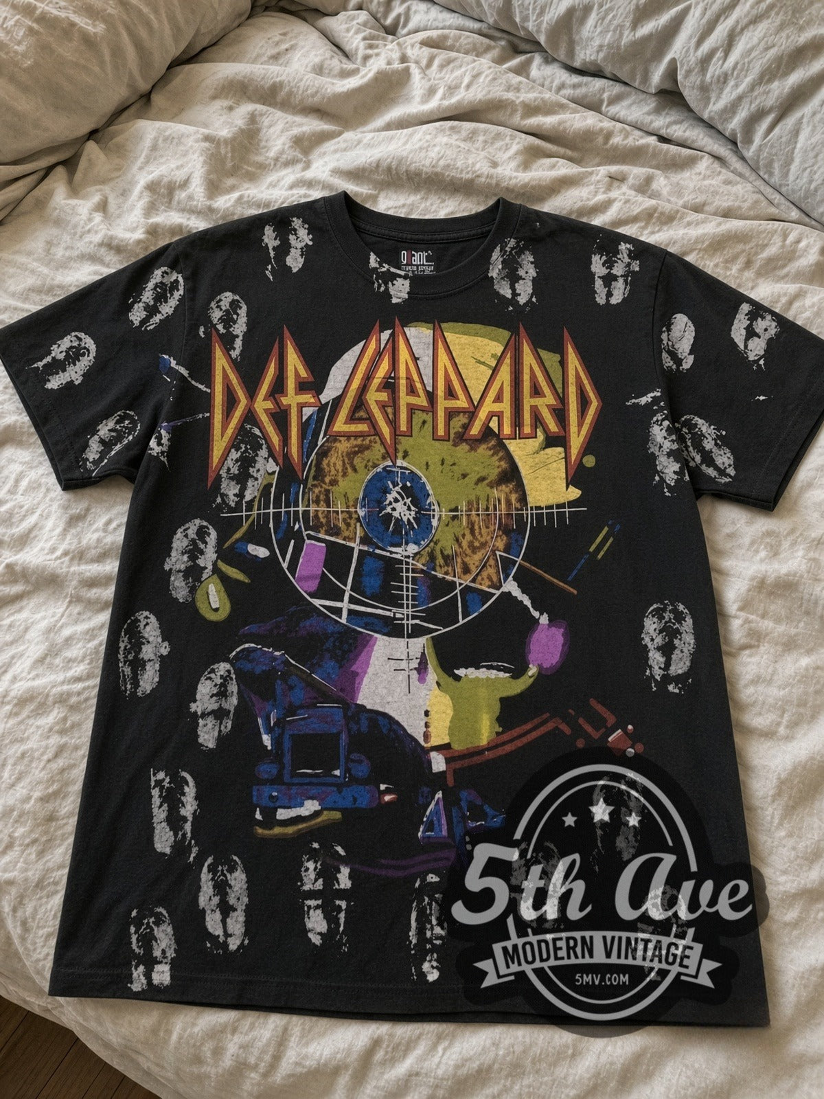 Def Leppard Hysteria Pyromania Mashup all-over-print vintage band tee laid flat