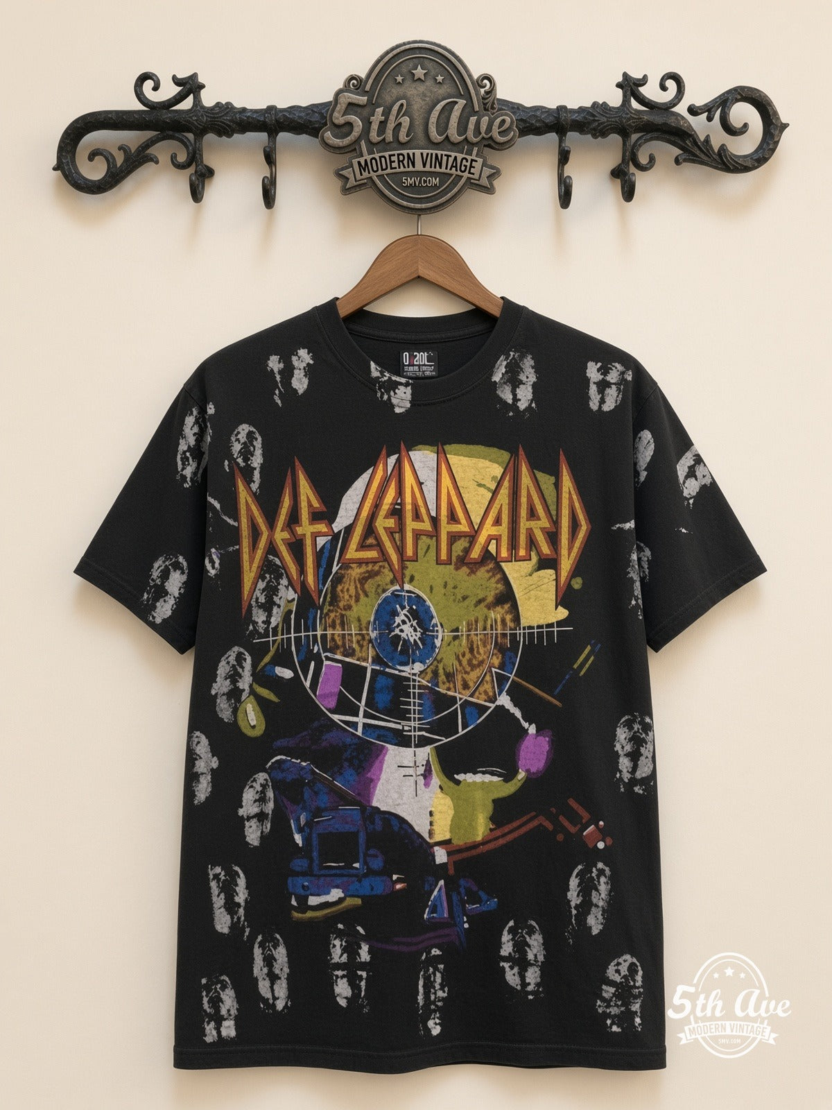 Def Leppard Hysteria Pyromania Mashup all over print vintage band t-shirt front on cream 5th Ave rack