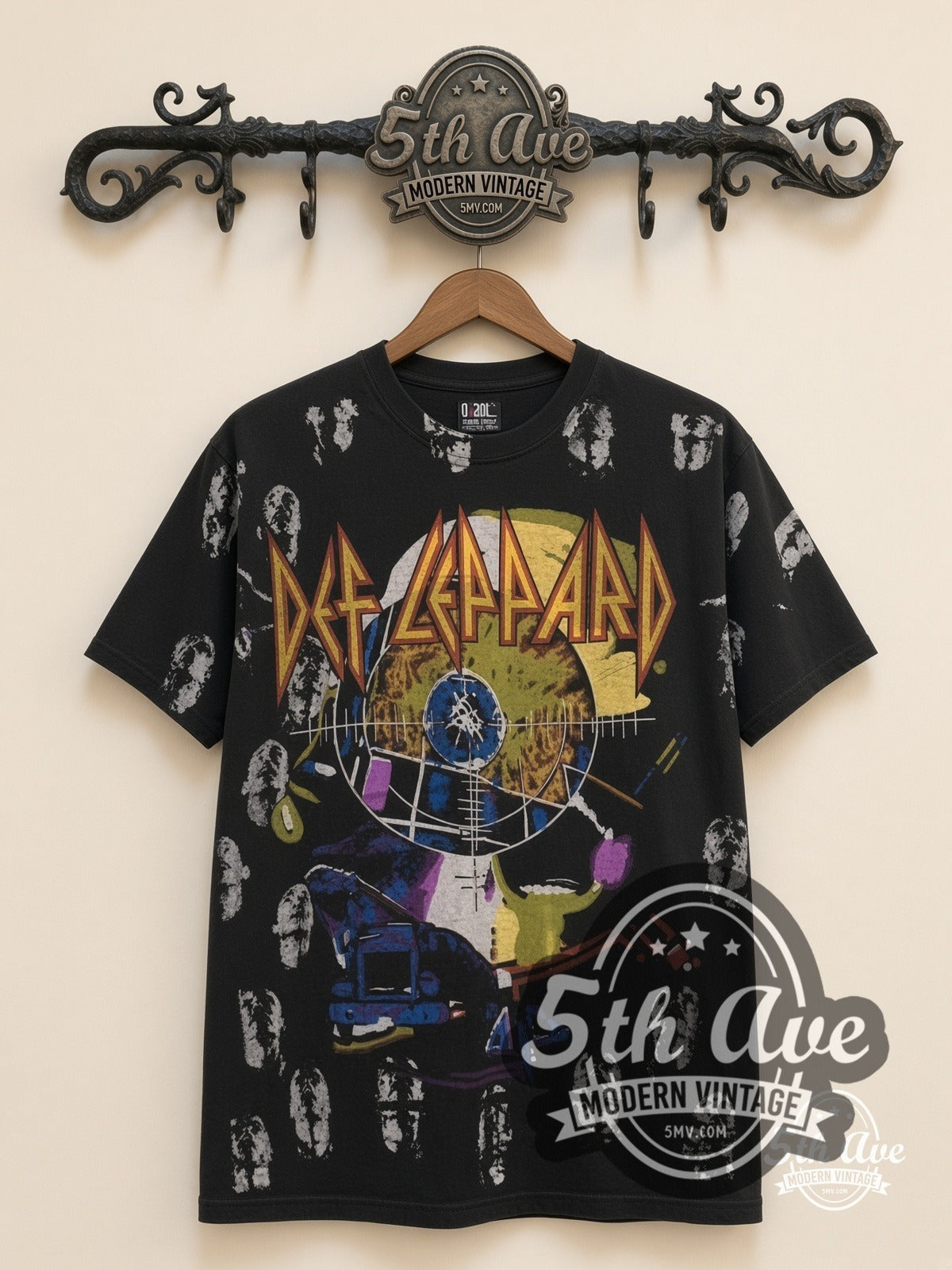 Def Leppard Hysteria Pyromania Mashup all-over-print vintage band t-shirt in black, front view on a display rack