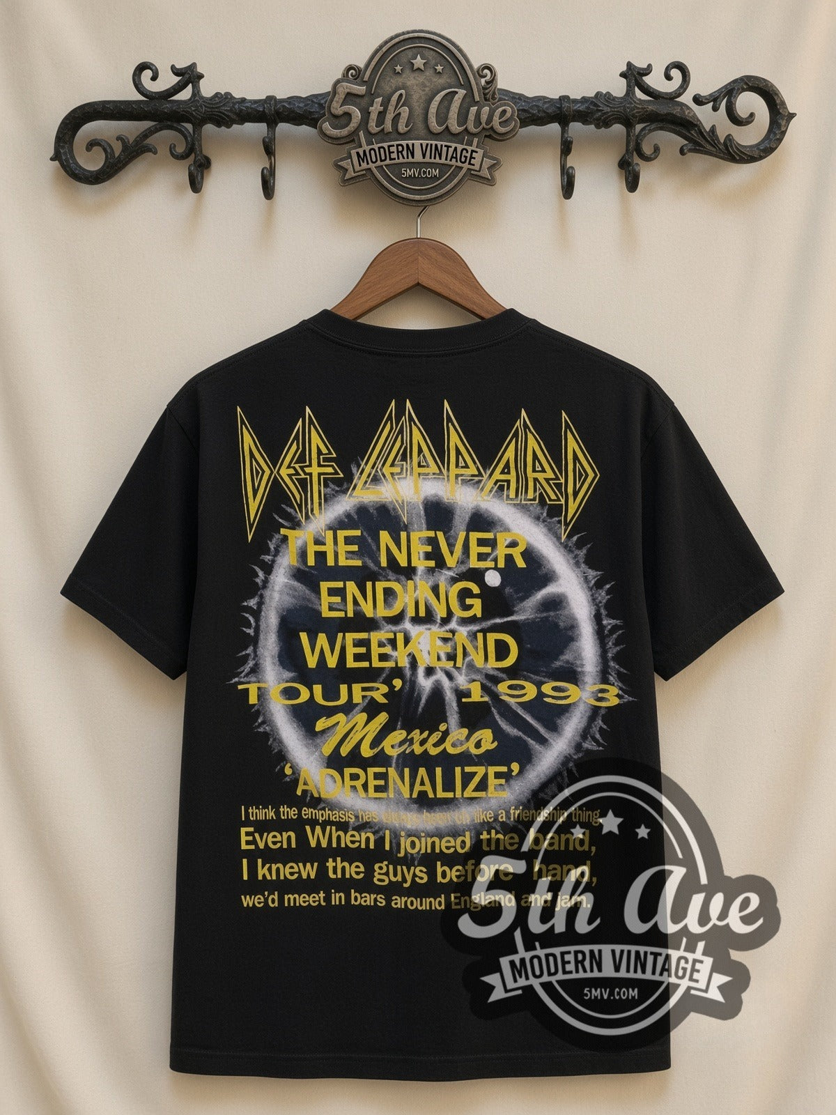 Def Leppard Never Ending Weekend Tour 93 all-over-print vintage band t-shirt in black, back view on a display rack