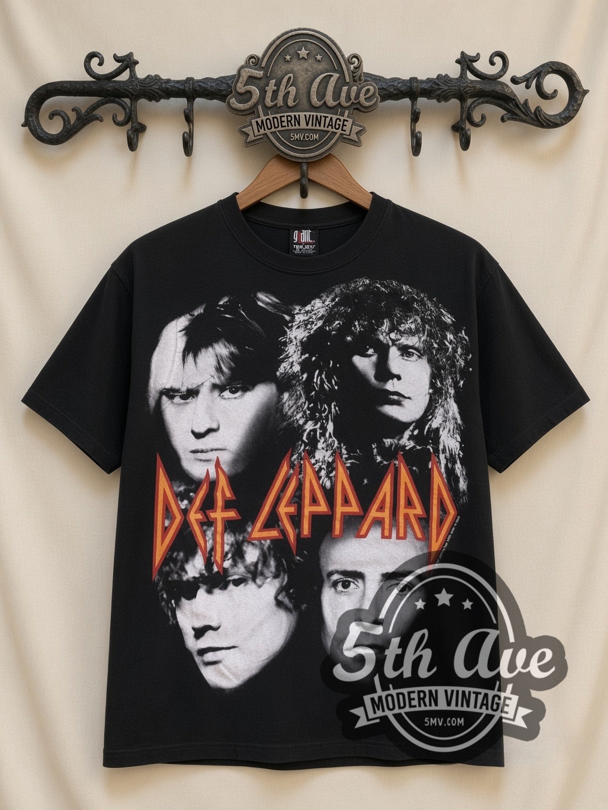 Def Leppard Never Ending Weekend Tour 93 all-over-print vintage band t-shirt in black, front view on a display rack