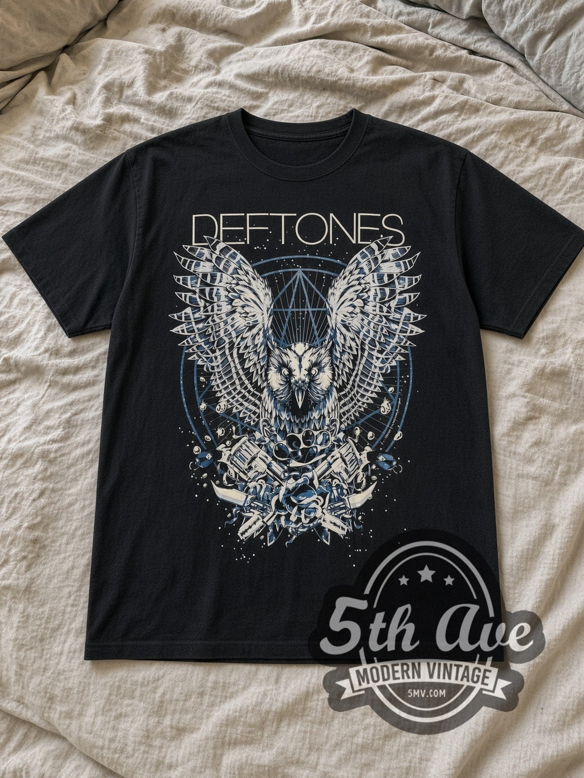Black Deftones Diamond Eyes Vintage Band T-Shirt laid flat on a linen bed